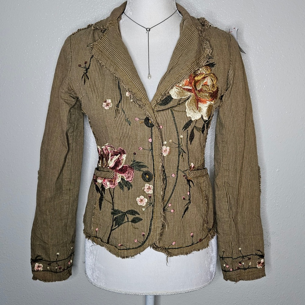 WE Tan Corduroy Floral Embroidered Distressed Blazer Jacket